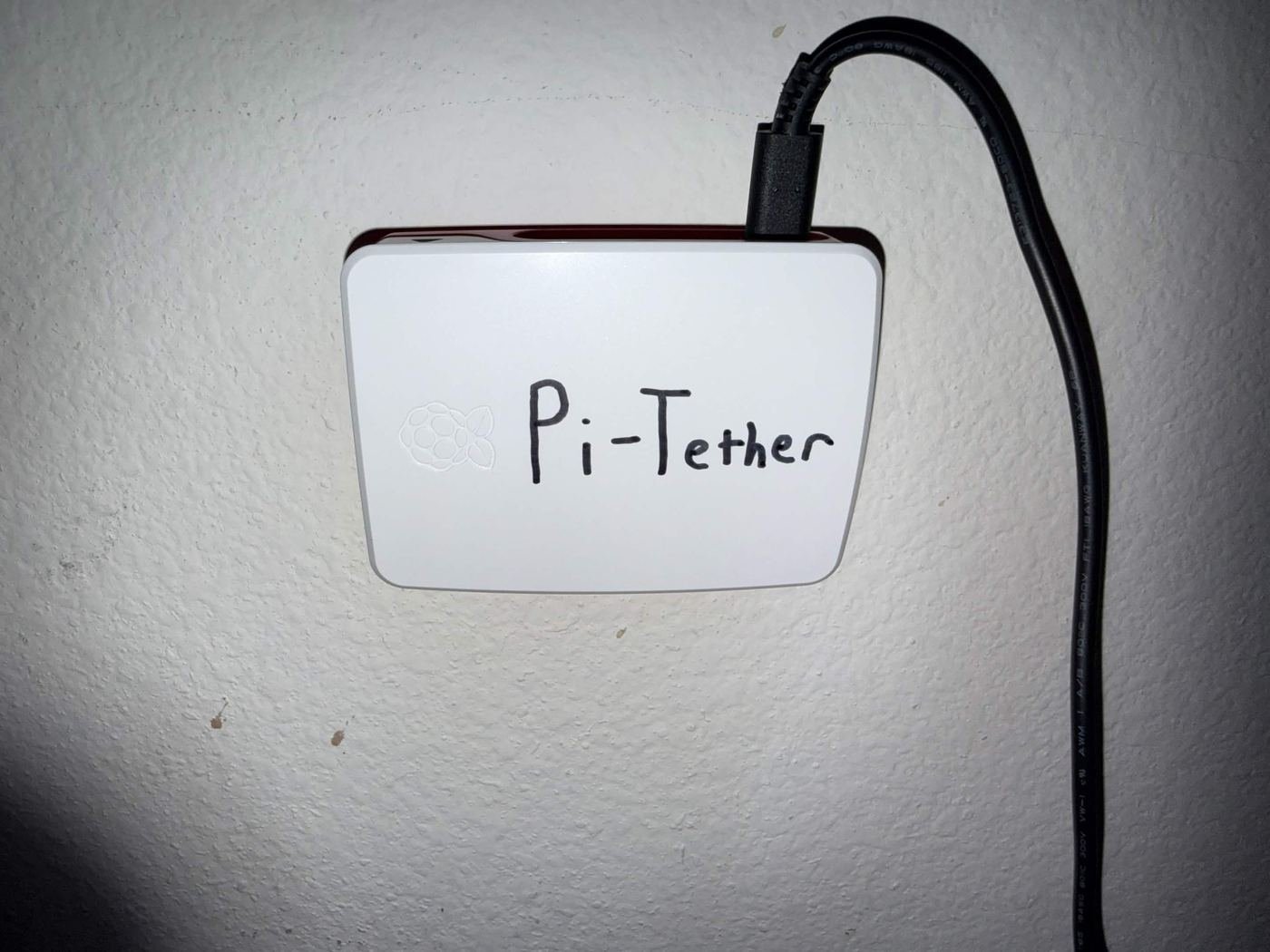 Pi-Tether unit in its case, labeled and mounted on the wall