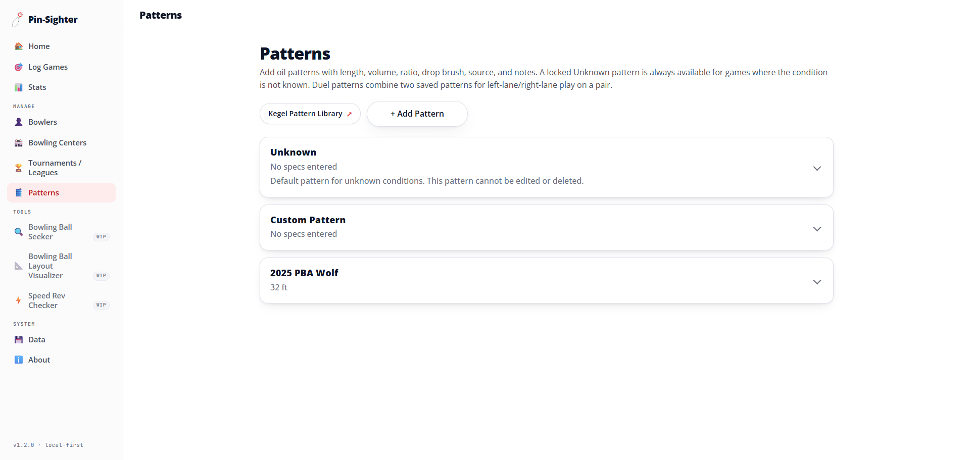 Pin-Sighter Patterns list showing the locked Unknown default pattern, a custom pattern, and a saved 2025 PBA Wolf pattern