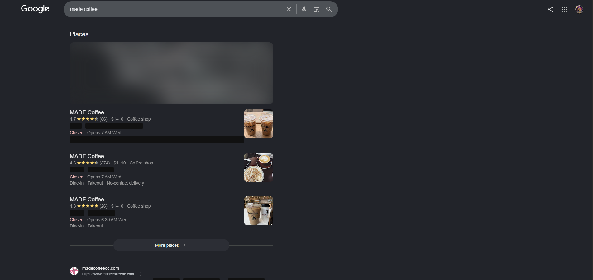 Google search results for a coffee shop with the map thumbnail blurred and the address and hours lines blacked out while the stream is live